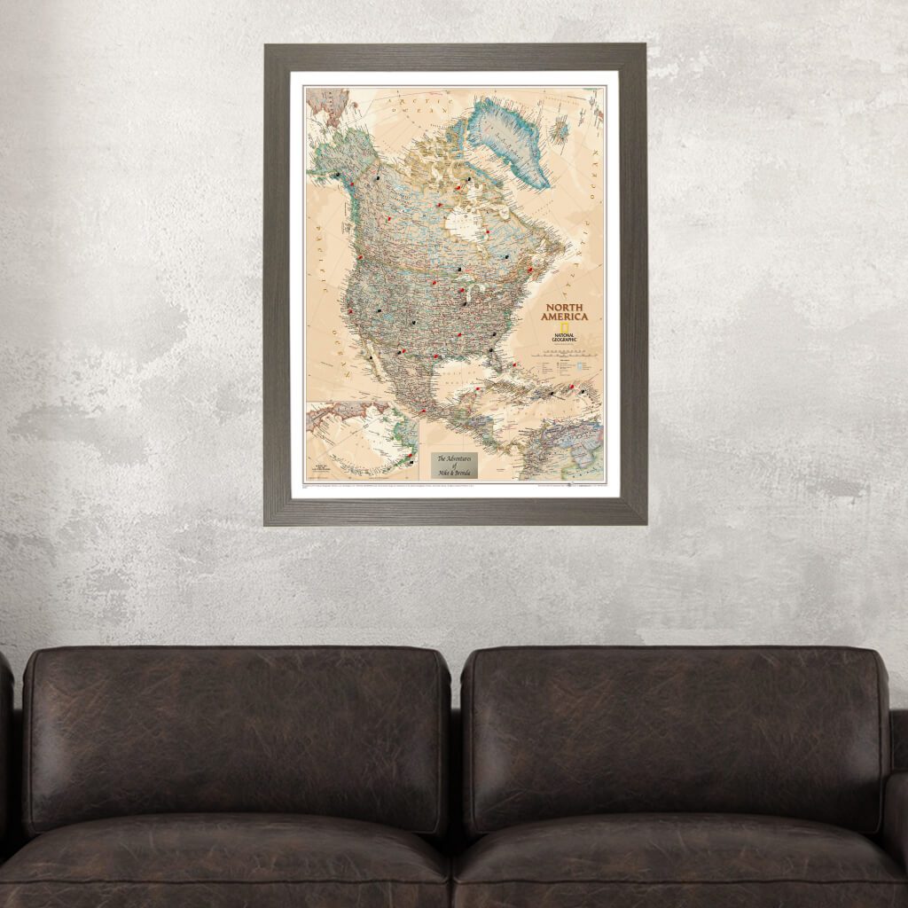 Executive North America Push Pin Travel Map in Barnwood Gray Frame