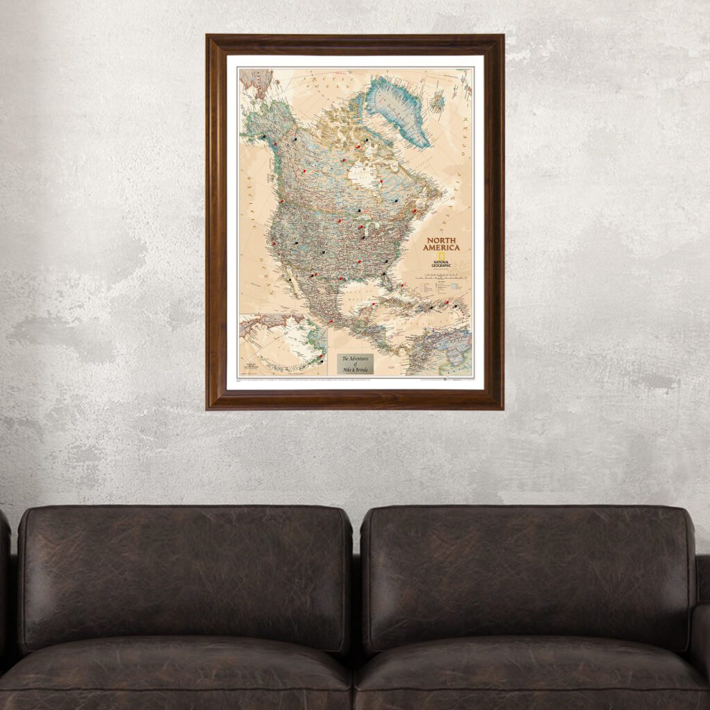 Executive North America Push Pin Travel Map in Brown Frame