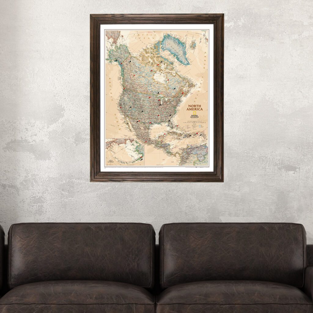 Executive North America Push Pin Travel Map in Solid Wood Brown Frame