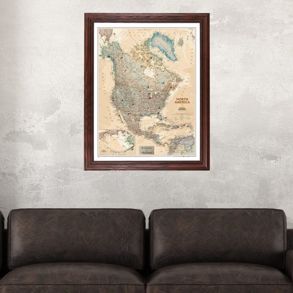 Executive North America Push Pin Travel Map in Solid Wood Cherry  Frame
