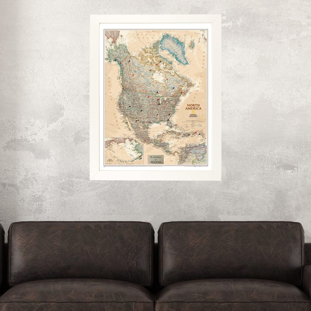 Executive North America Push Pin Travel Map in Textured White  Frame