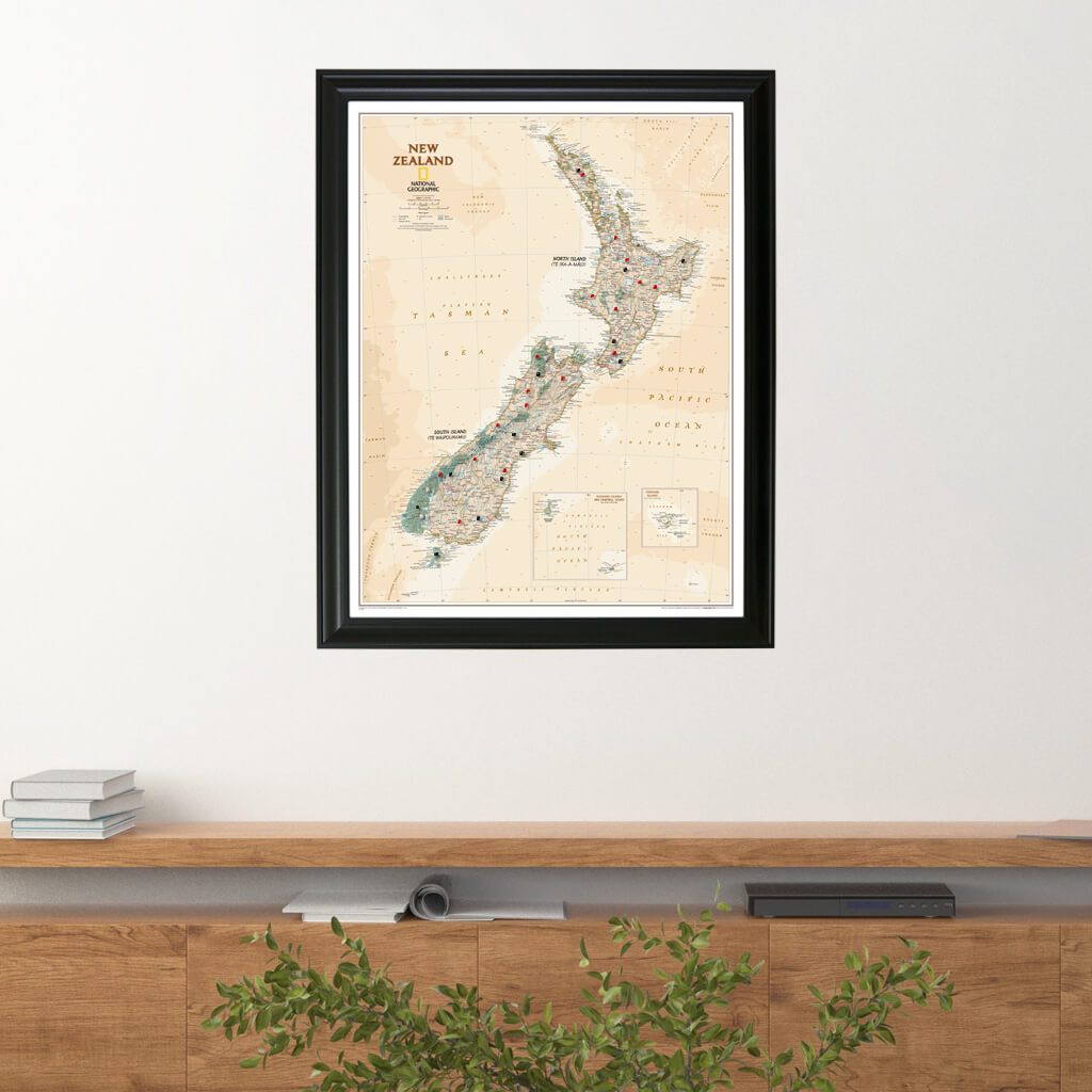 Executive New Zealand Push Pin Travel Map in Black Frame