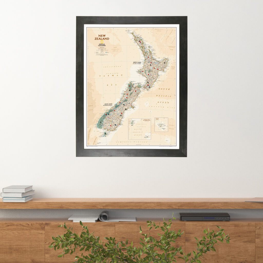 Executive New Zealand Push Pin Travel Map in Rustic Black Frame