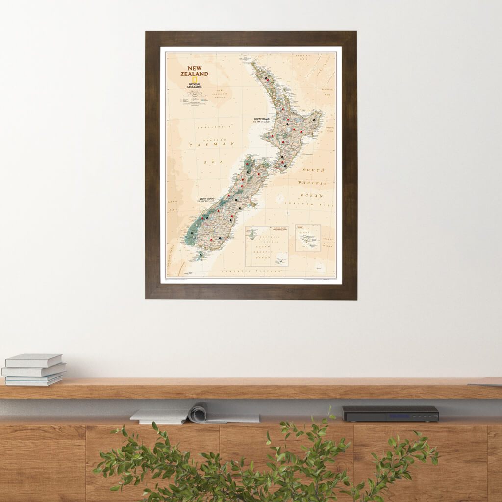 Executive New Zealand Push Pin Travel Map in Rustic Brown Frame