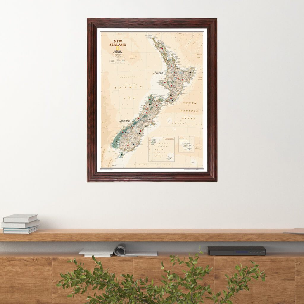 Executive New Zealand Push Pin Travel Map in Solid Wood Cherry Frame