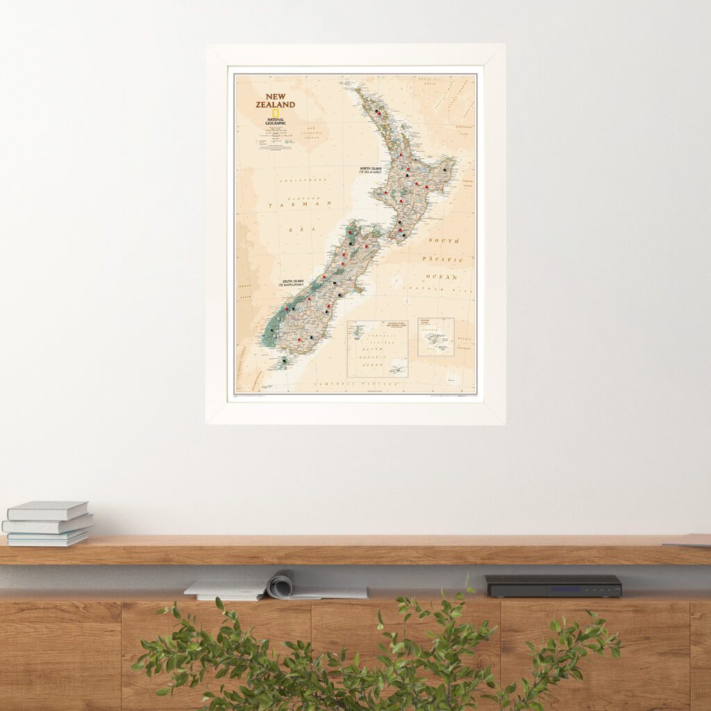 Executive New Zealand Push Pin Travel Map in Textured White Frame