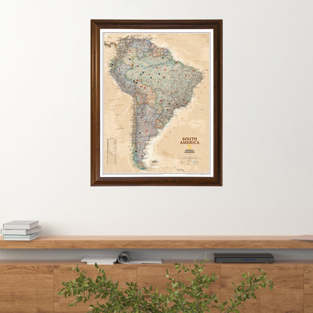 Executive South America Push Pin Travel Map in Brown Frame