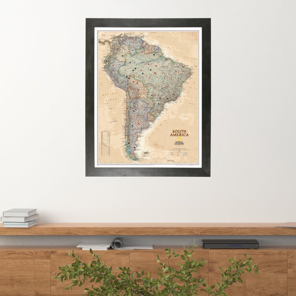 Executive South America Push Pin Travel Map in Rustic Black Frame
