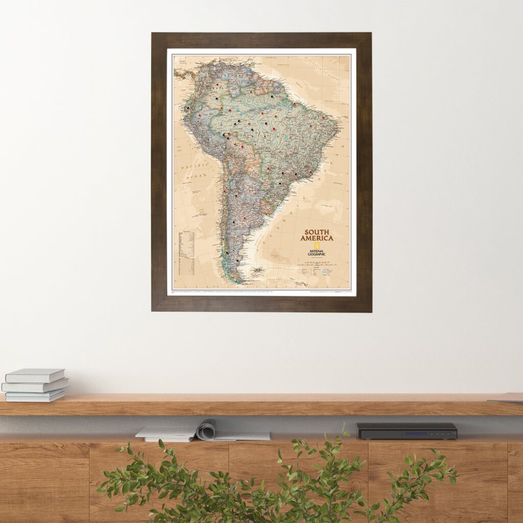 Executive South America Push Pin Travel Map in Rustic Brown Frame