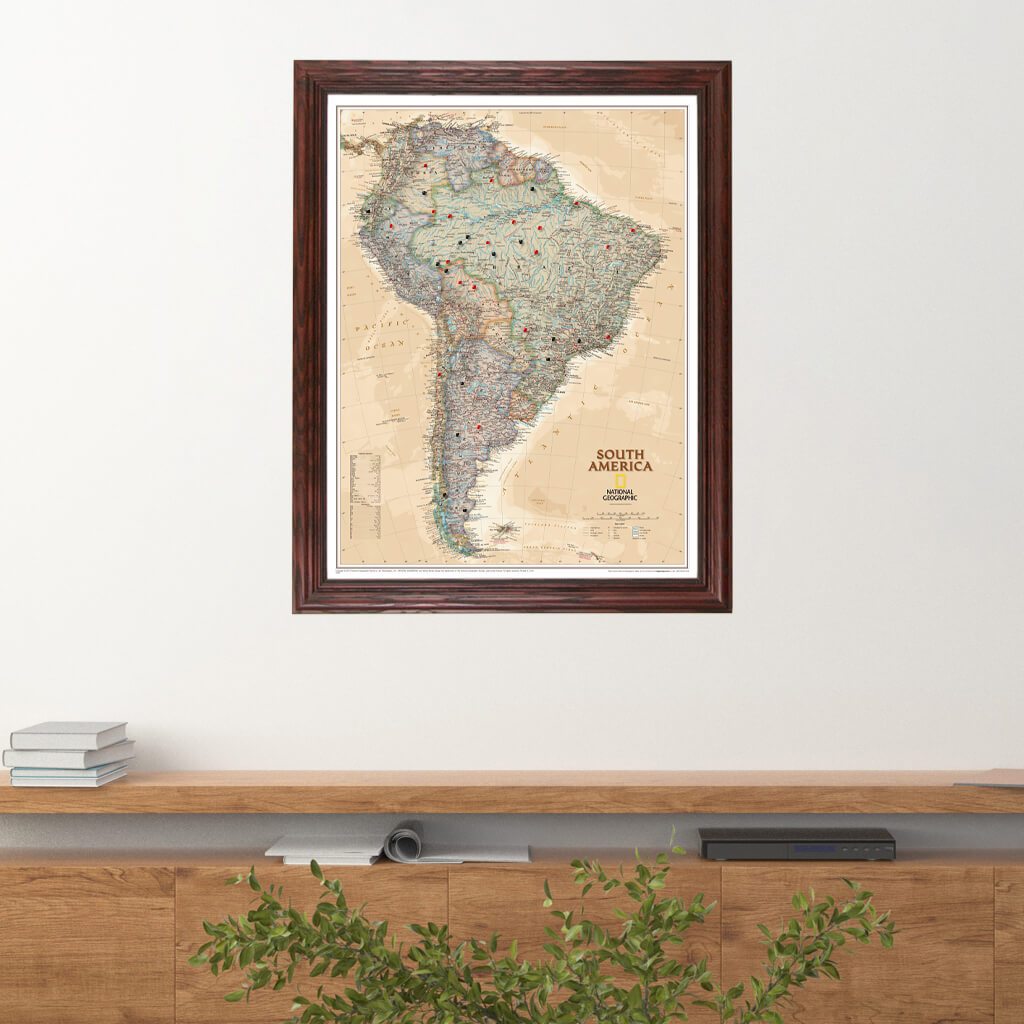 Executive South America Push Pin Travel Map in Solid Wood Cherry Frame