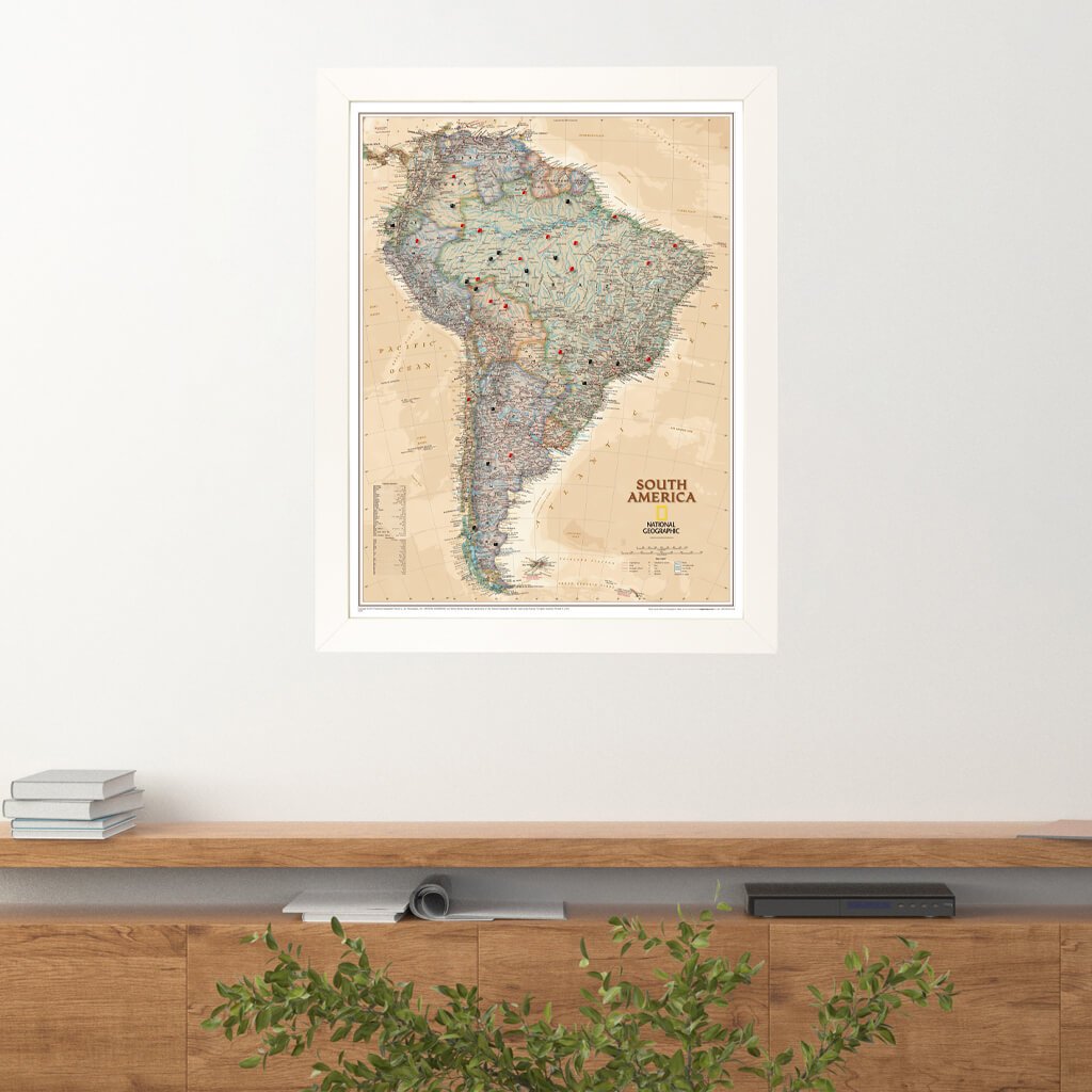 Executive South America Push Pin Travel Map in Textured White Frame