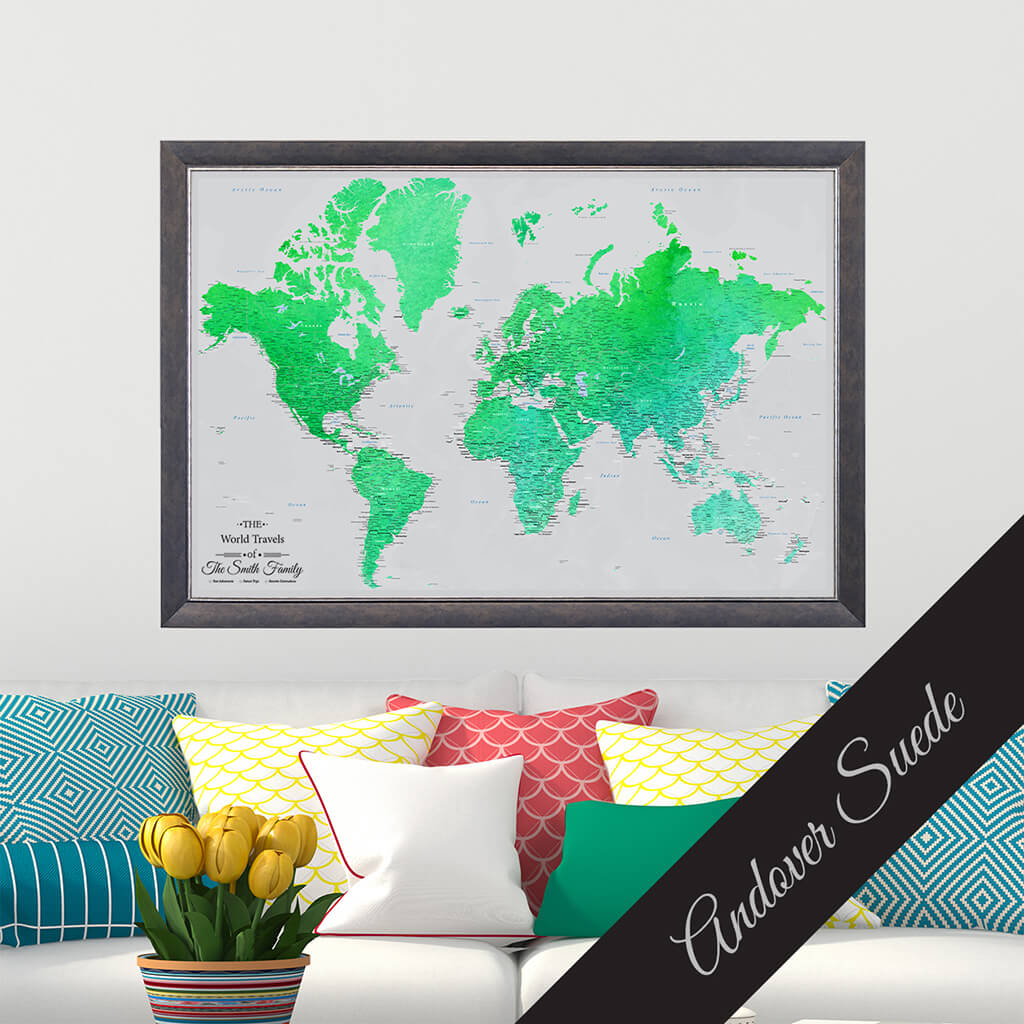 Canvas Watercolor Enchanting Emerald World Map in Premium Andover Suede Frame