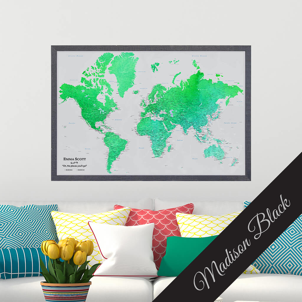 Canvas Watercolor Enchanting Emerald World Map in Premium Madison Black Frame