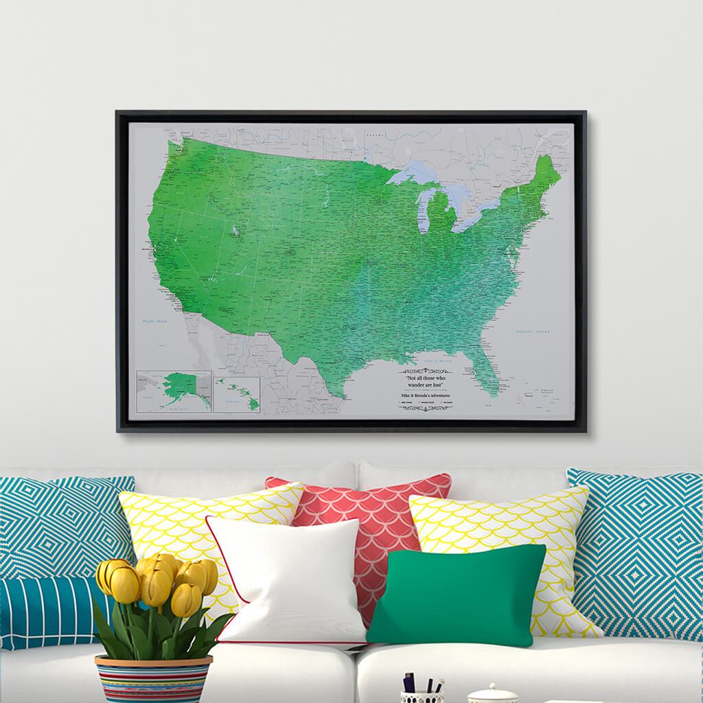 Black Float Frame -24x36 Gallery Wrapped Canvas Enchanting Emerald Watercolor USA Map