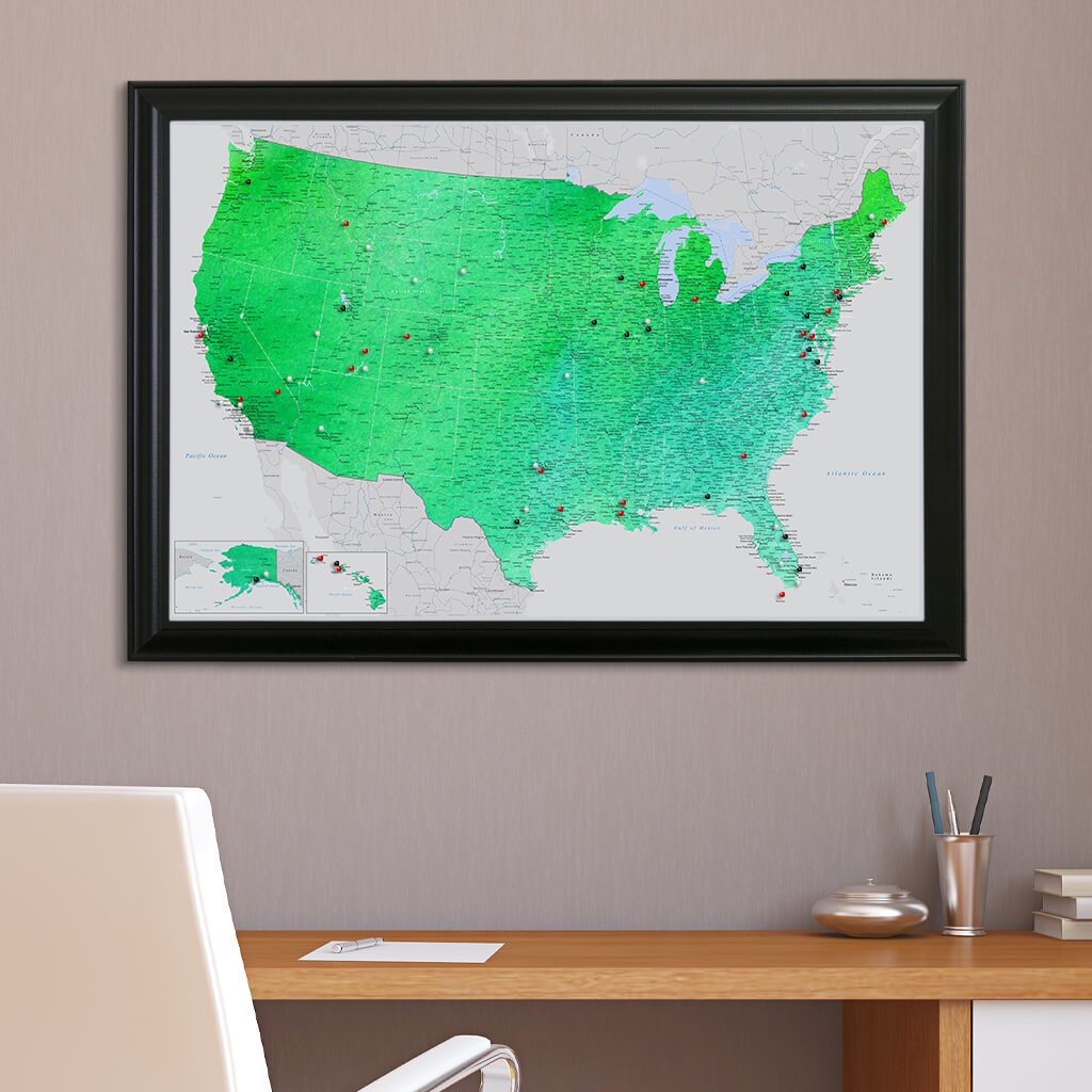 Enchanting Emerald Watercolor USA Push Pin Travel Map in Black Frame