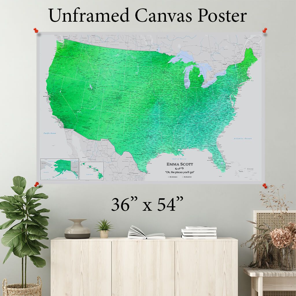 Enchanting Emerald USA Watercolor Canvas Poster To Go 36 x 54
