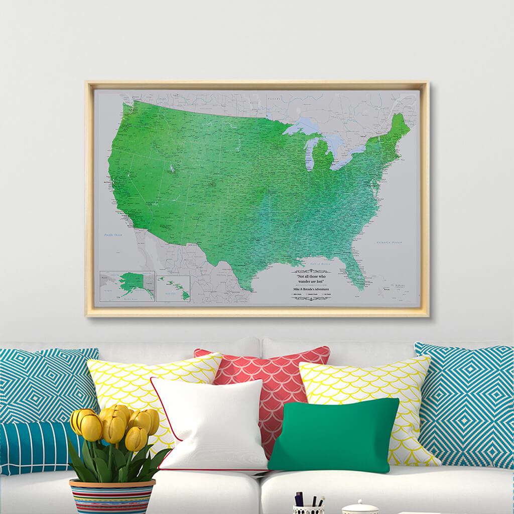 Natural Tan Float Frame - 24x36 Gallery Wrapped Canvas Enchanting Emerald Watercolor USA Map