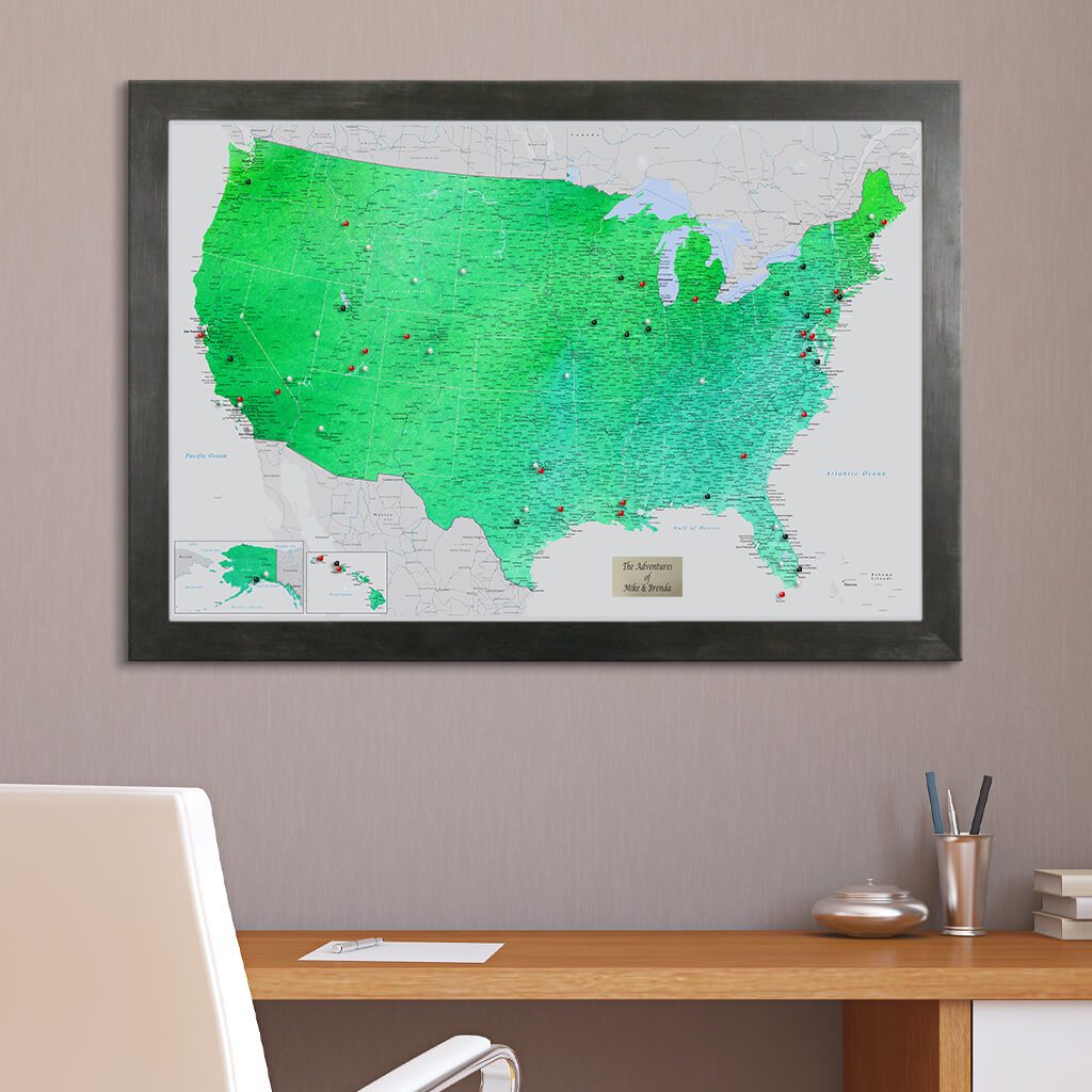 USA Push Pin Travel Map with Rustic Black Frame - Enchanting Emerald Watercolor 