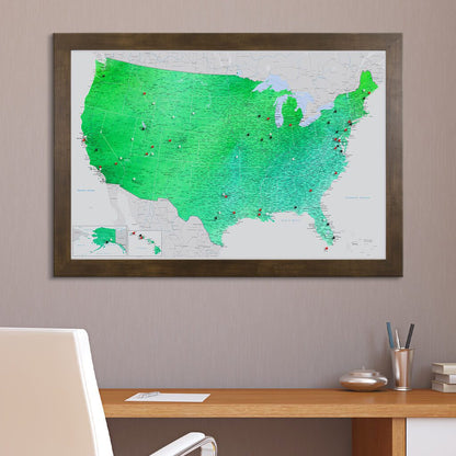 Enchanting Emerald Watercolor USA Push Pin Map Rustic Brown Frame