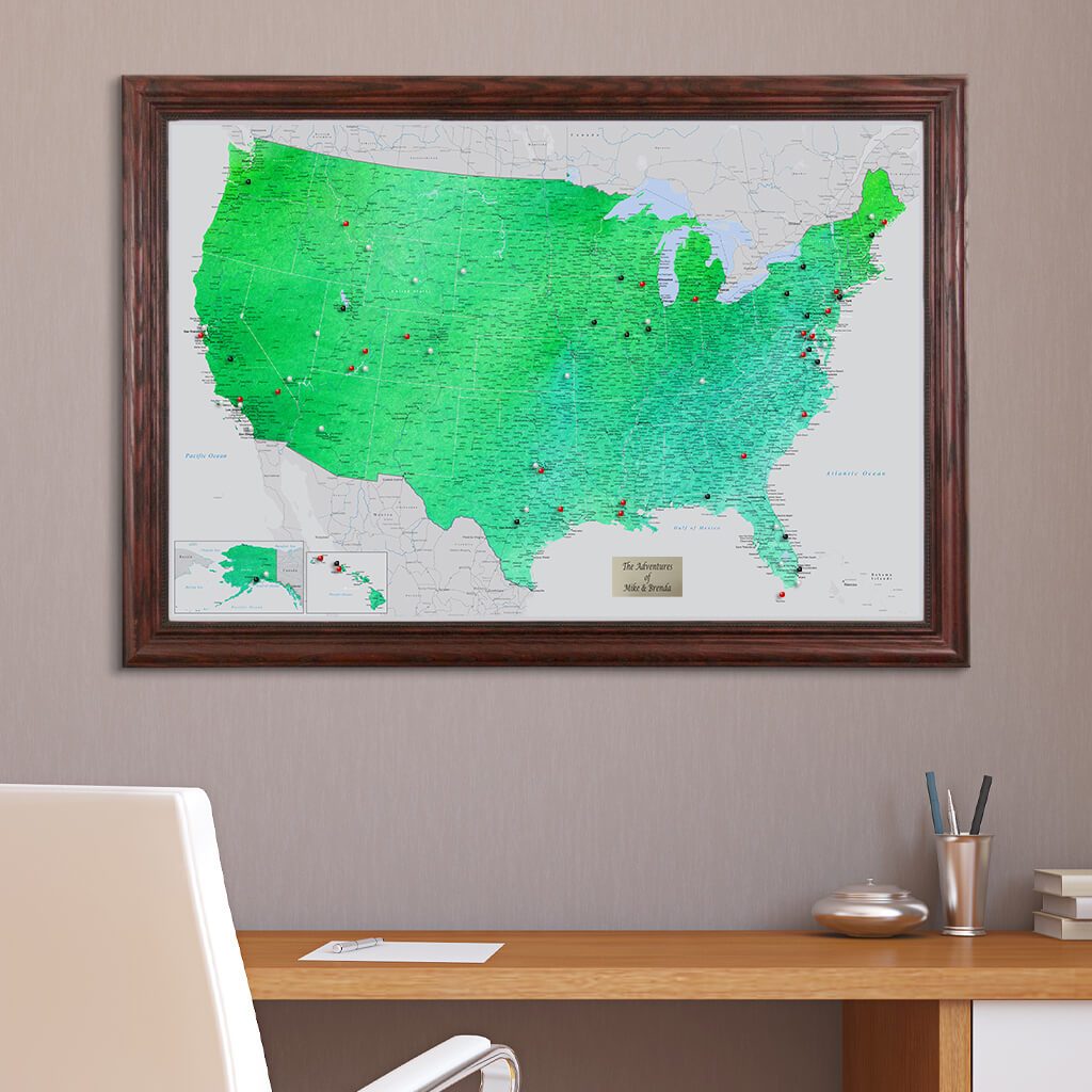 Enchanting Emerald Watercolor USA Push Pin Travel Map Solid Wood Cherry Frame