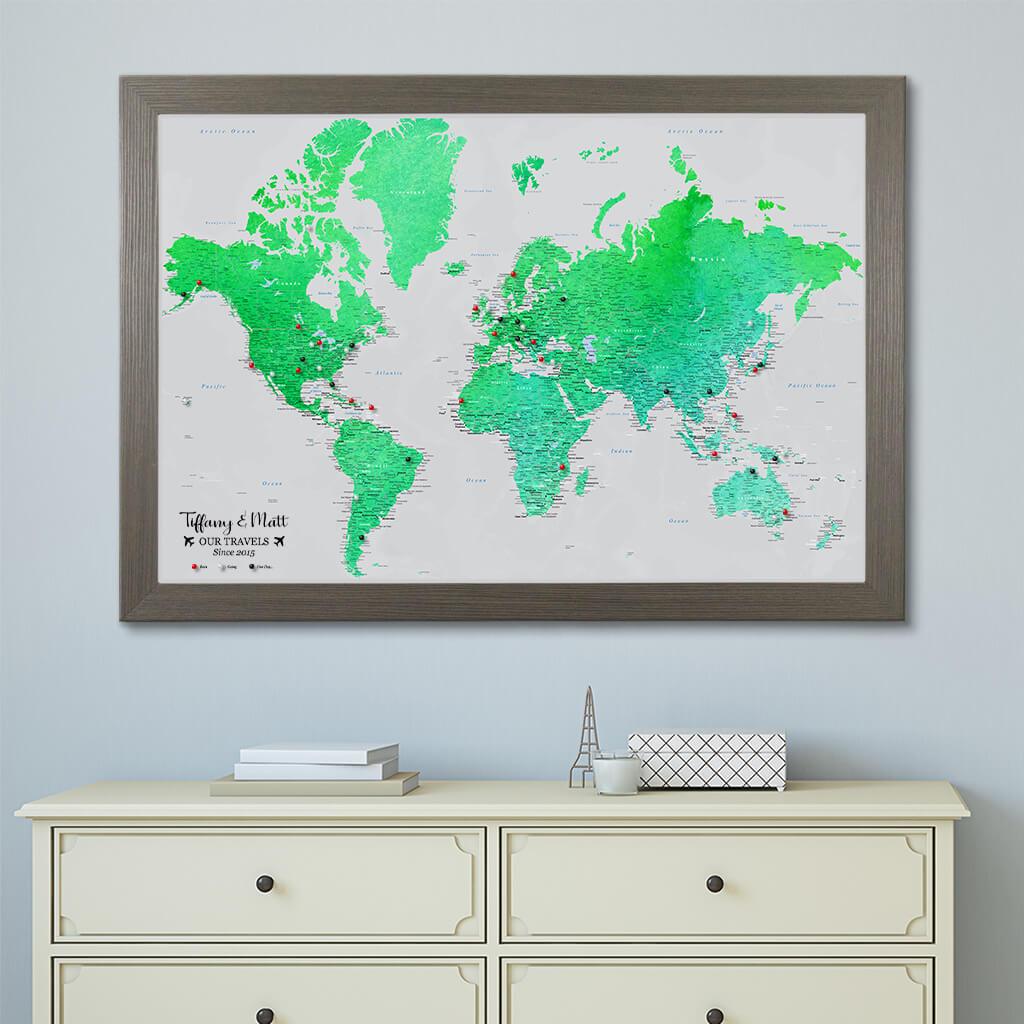 Enchanting Emerald Watercolor Canvas Map in Barnwood Gray Frame