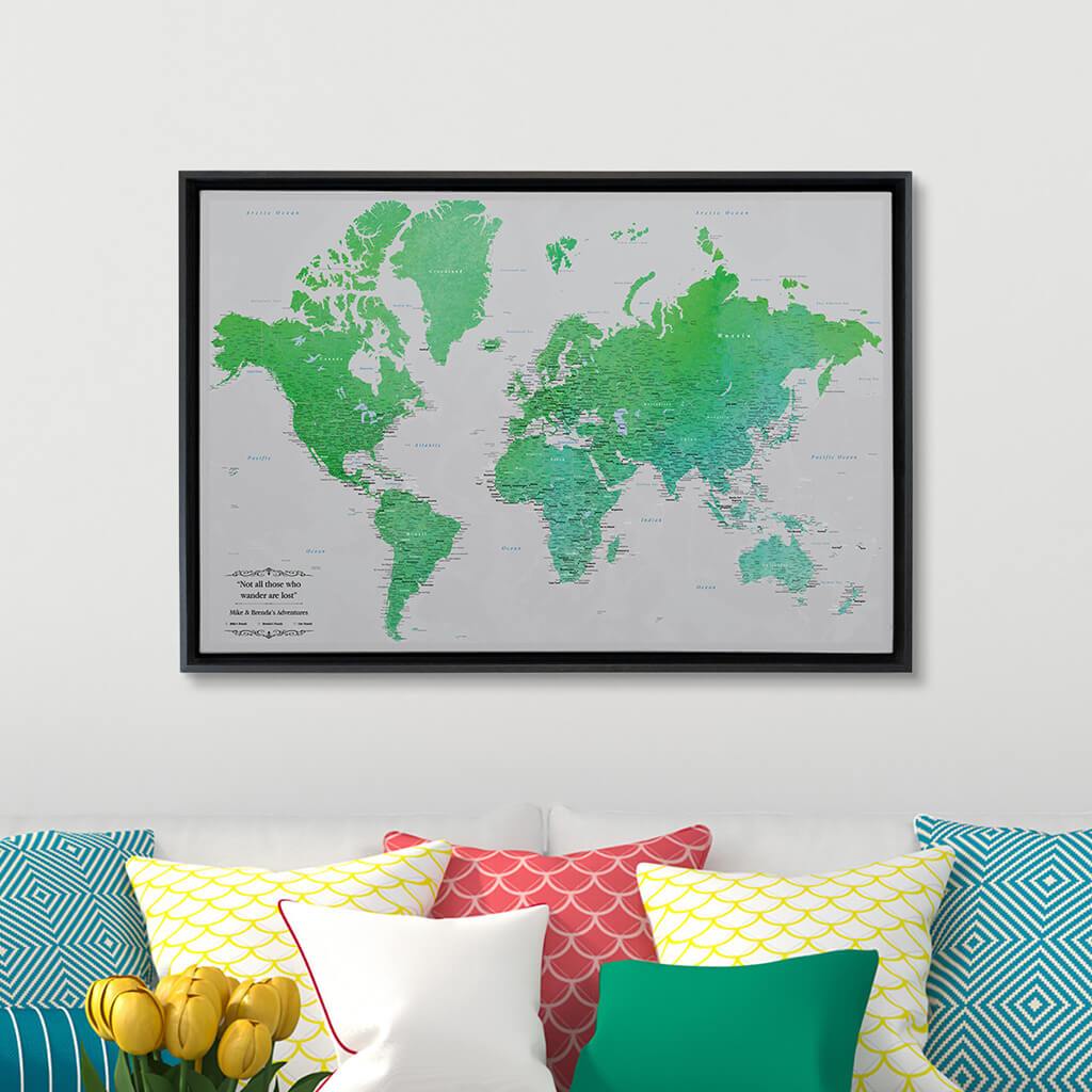 Black Float Frame - 24x36 Gallery Wrapped Enchanting Emerald Watercolor World Travel Map