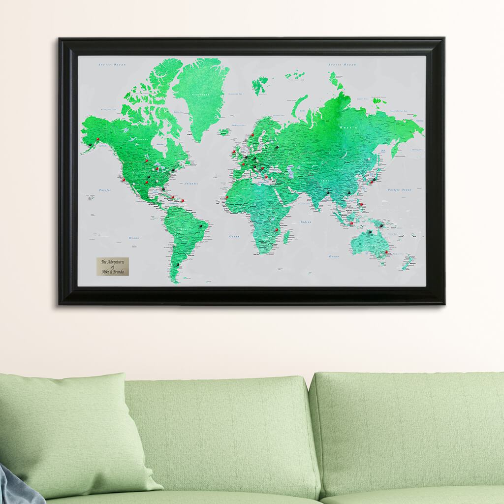 Enchanting Emerald World Watercolor Travel Map in Black Frame