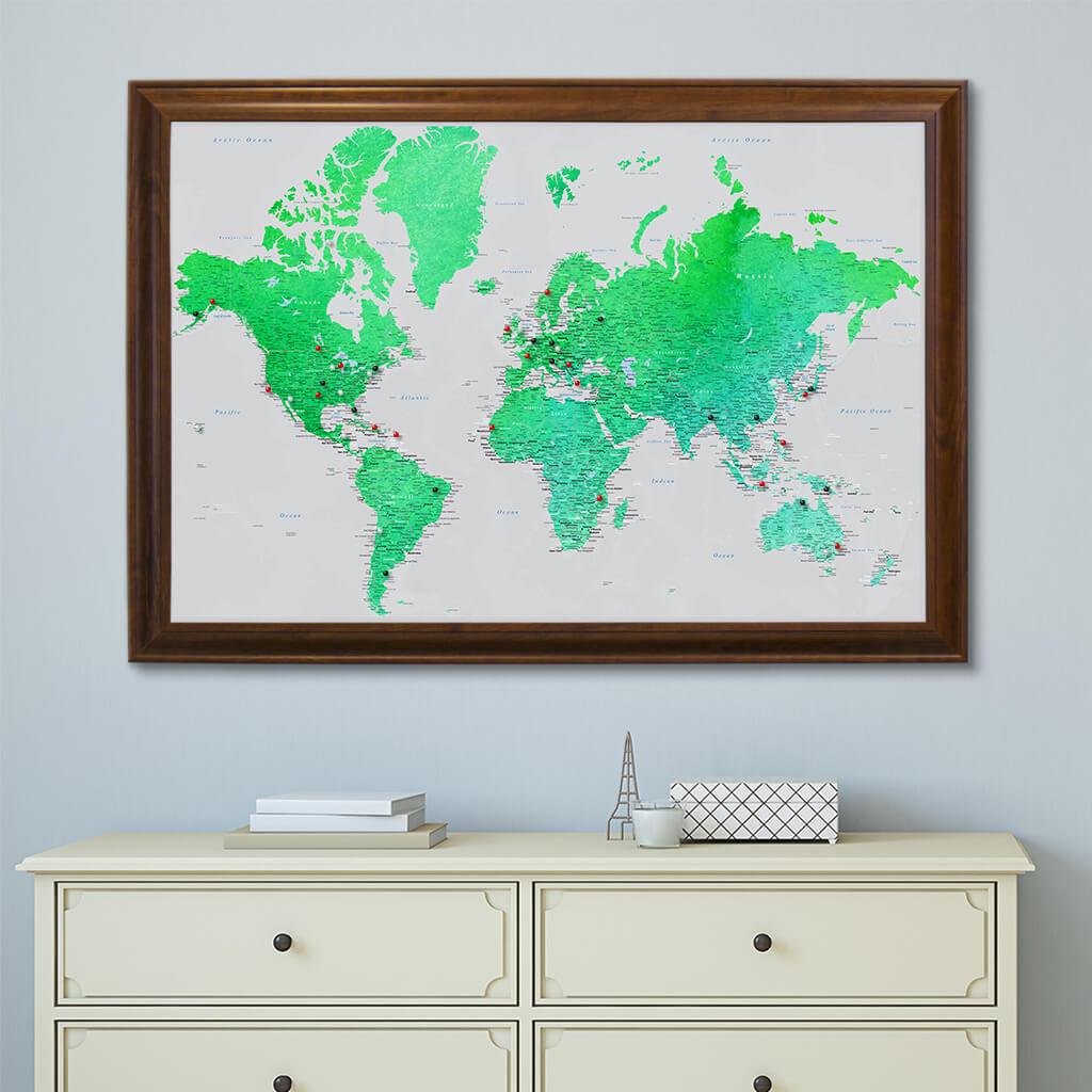 Enchanting Emerald Watercolor Canvas Map in Brown Frame