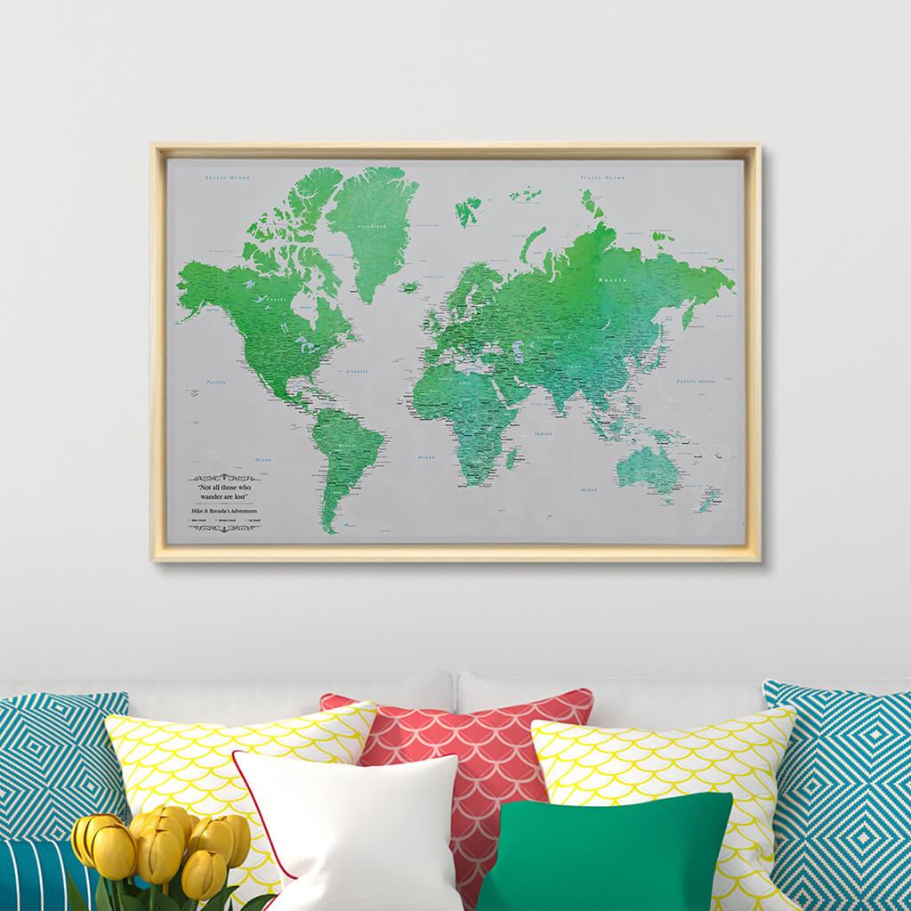 Natural Tan Float Frame - 24x36 Gallery Wrapped Enchanting Emerald Watercolor World Travel Map