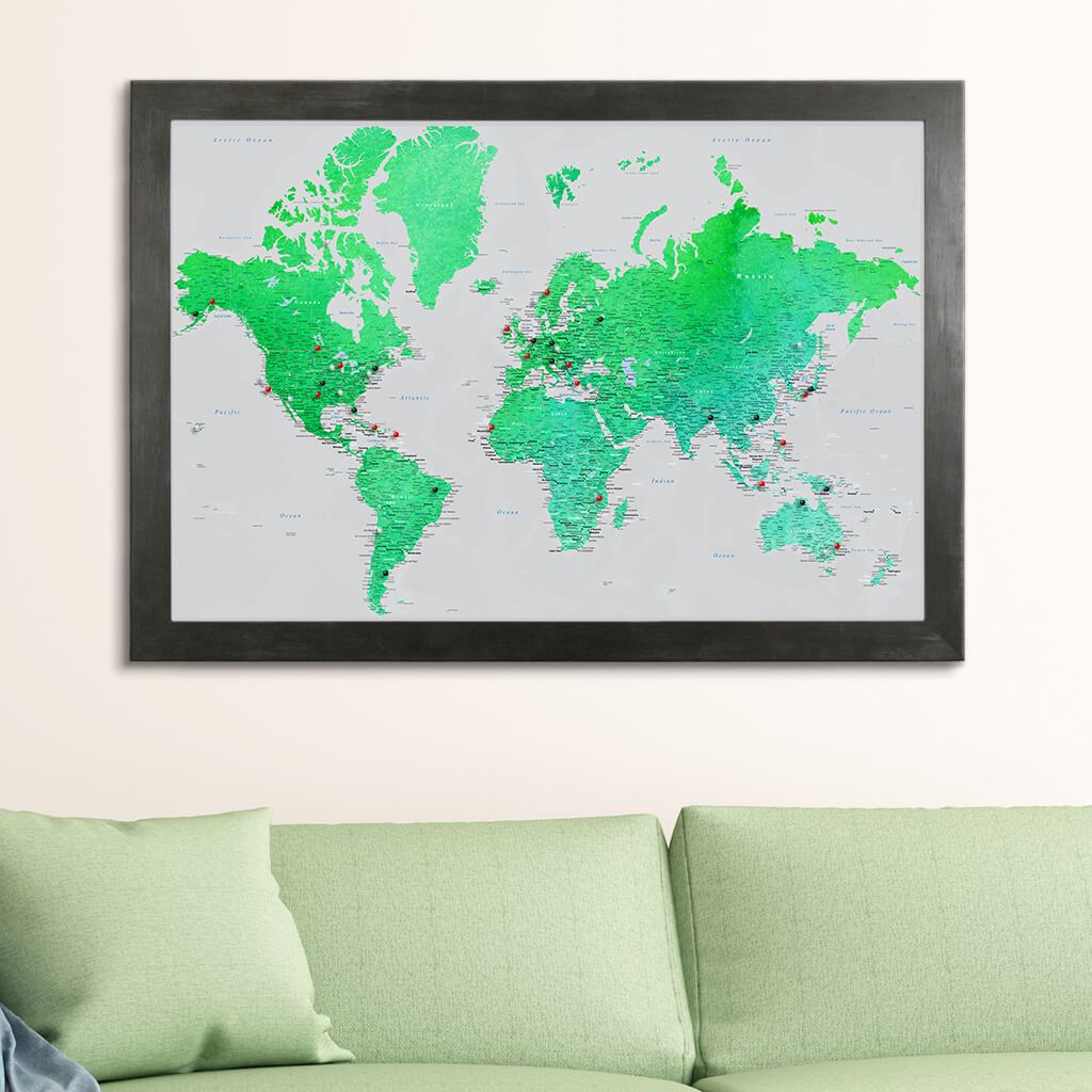 Pinnable World Travel Map in Rustic Black Frame - Enchanting Emerald Color Scheme