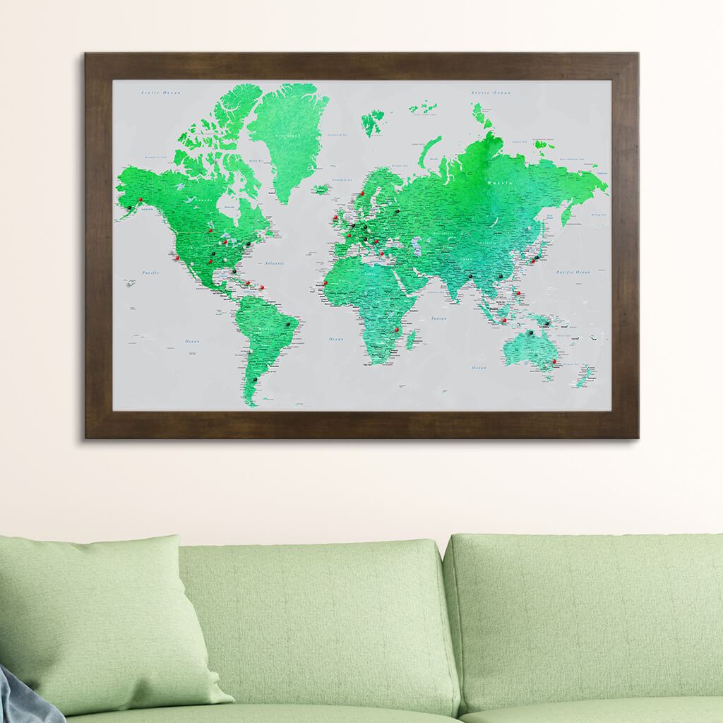 Enchanting Emerald Watercolor World Travel Map with Pins in Rustic Brown Frame