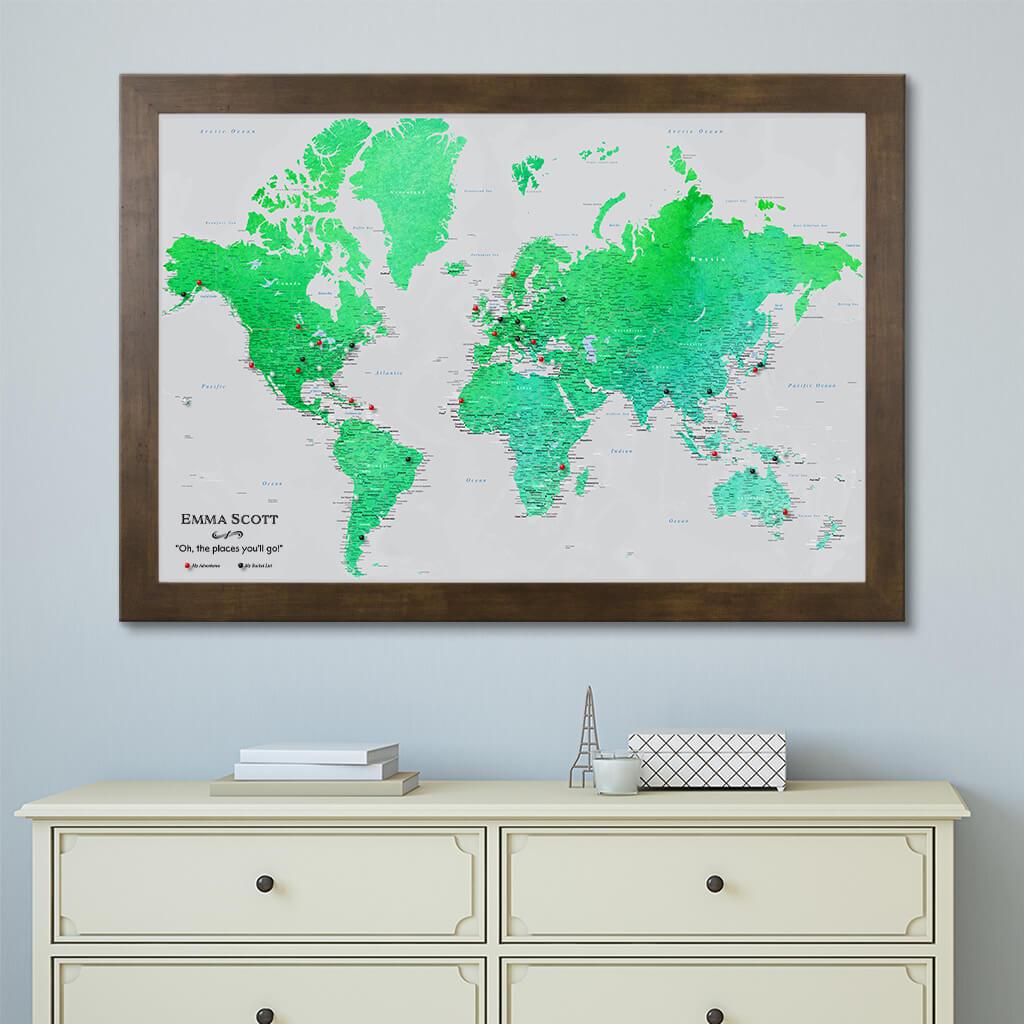 Enchanting Emerald Watercolor Canvas Map in Rustic Brown Frame