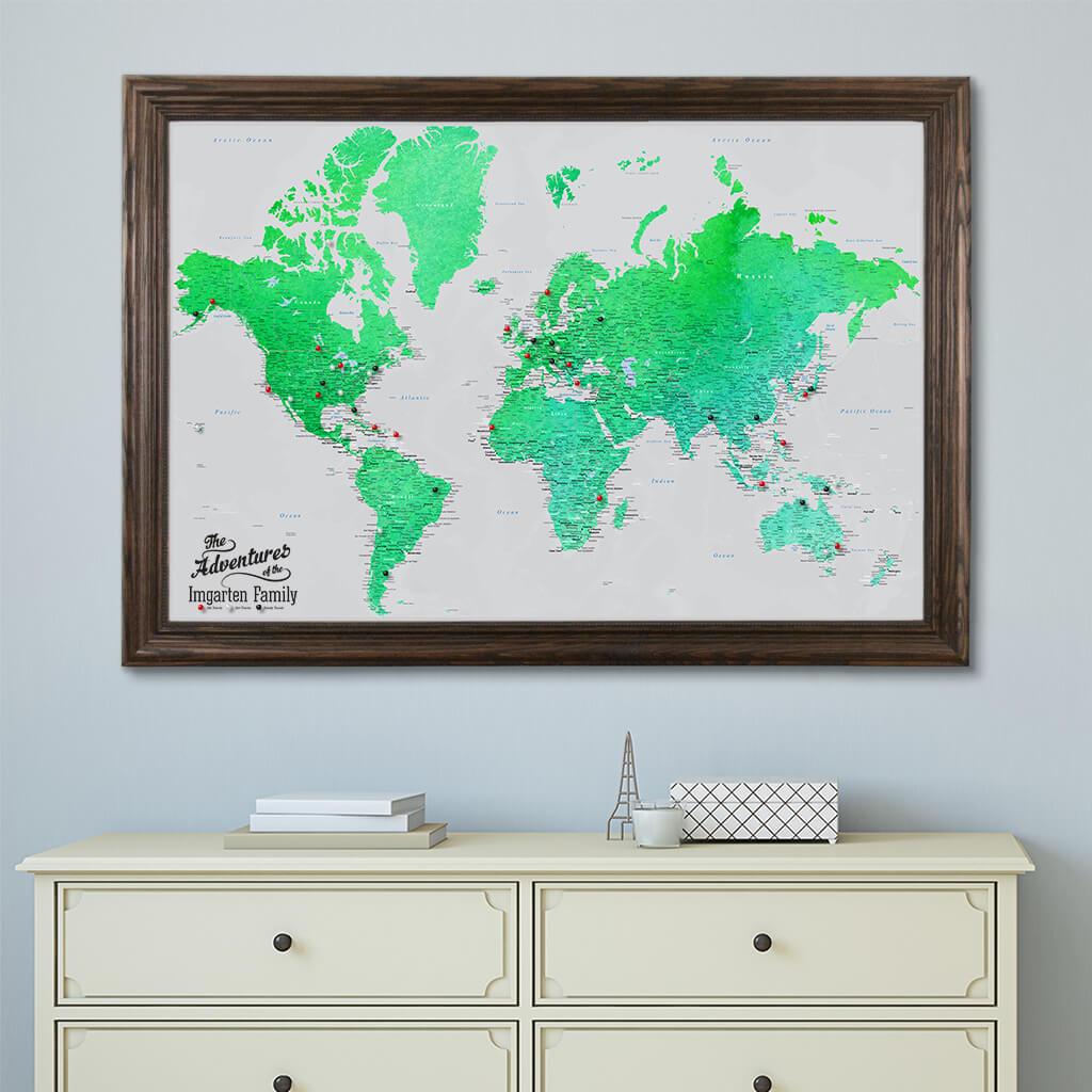 Canvas Watercolor Enchanting Emerald World Map Solid Wood Brown Frame