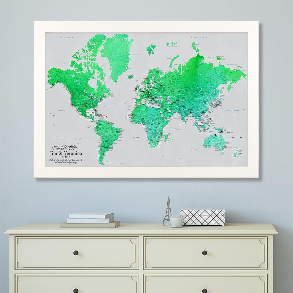 Enchanting Emerald Watercolor Canvas Map in Textured White Frame