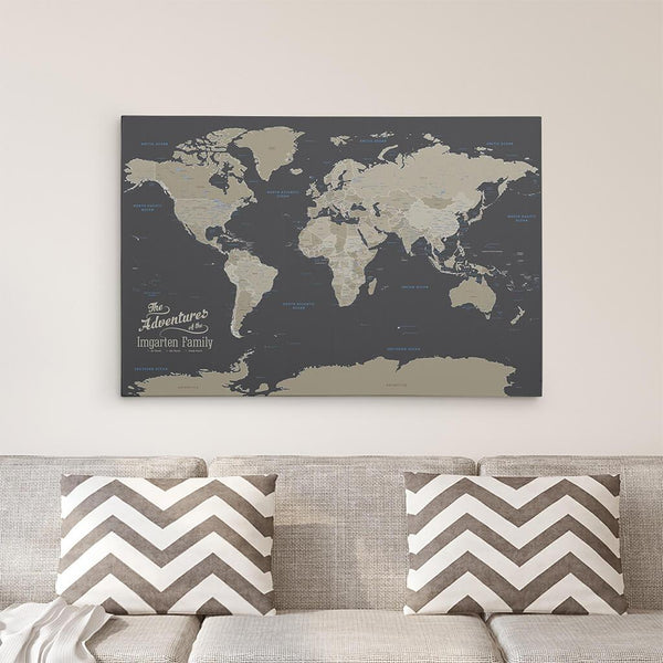 Gallery Wrapped - Earth Toned World Travel Map with pins
