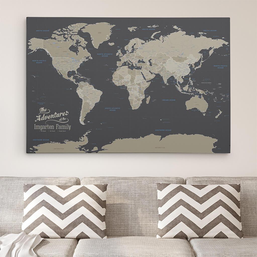 30x45 Gallery Wrapped Earth Tone Push Pin Travel Map