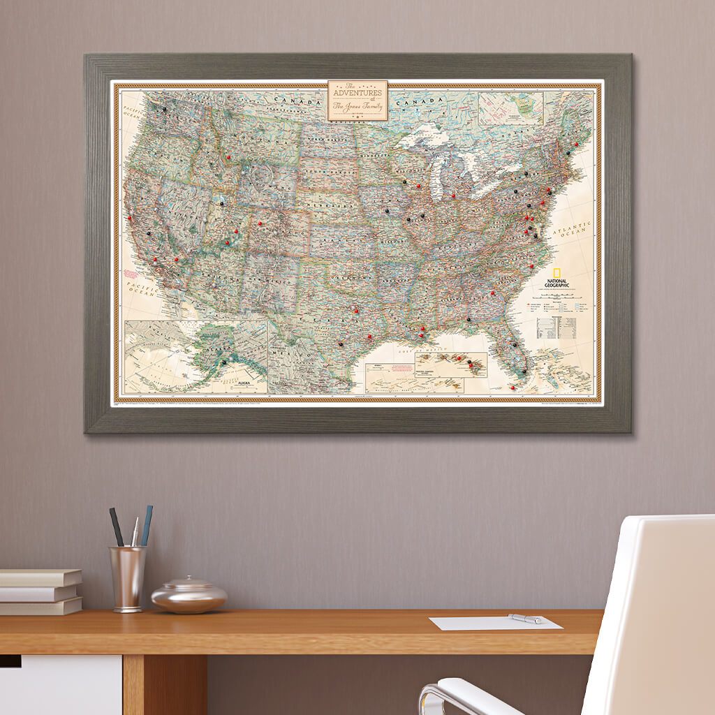 Canvas Executive USA Push Pin Travel Map in Barnwood Gray Frame