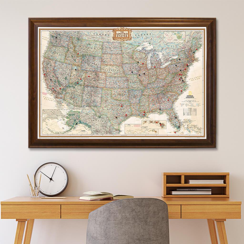 Executive USA Pin Map in Brown Frame