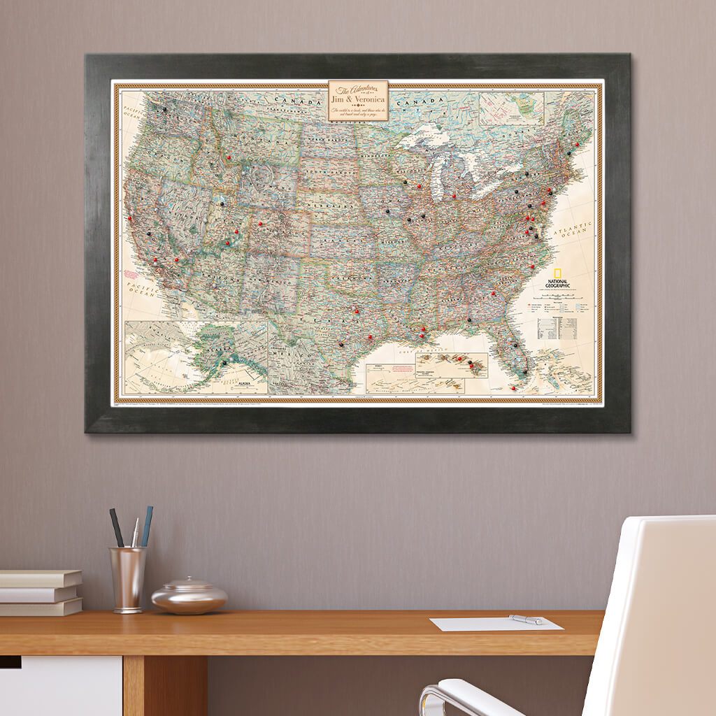 Canvas Executive USA Push Pin Travel Map in Rustic Black Frame