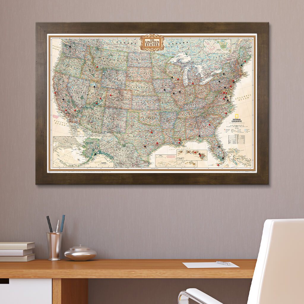 Canvas Executive USA Push Pin Travel Map in Rustic Brown Frame