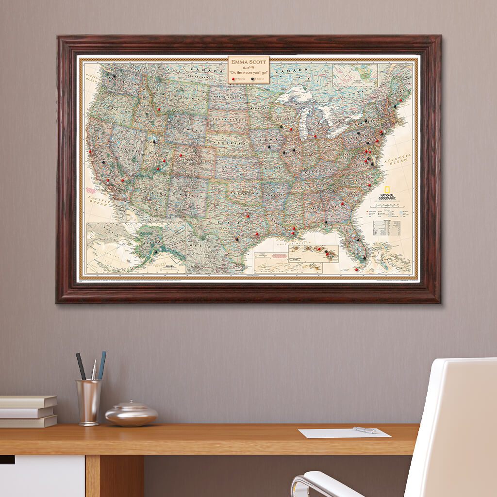 Canvas Executive USA Push Pin Travel Map in Solid Wood Cherry Frame
