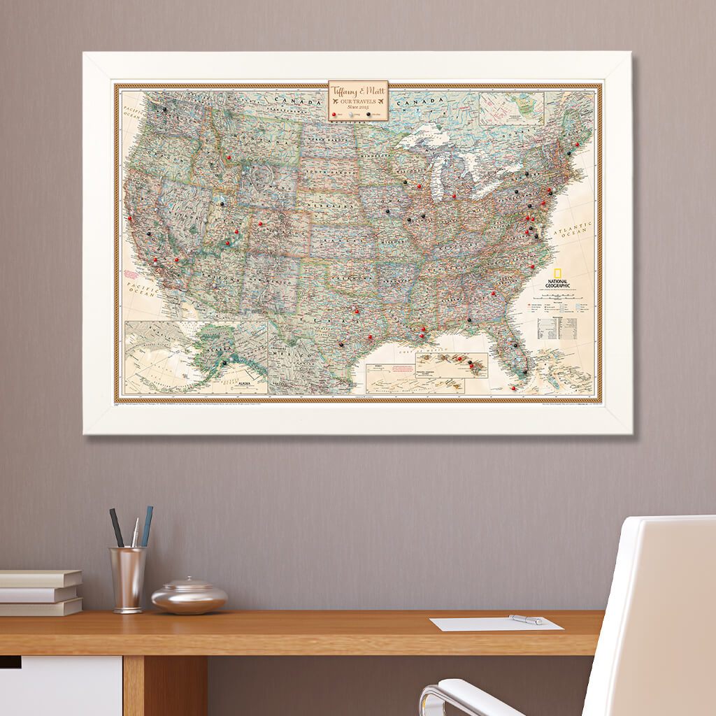 Canvas Executive USA Push Pin Travel Map in Textured White Frame