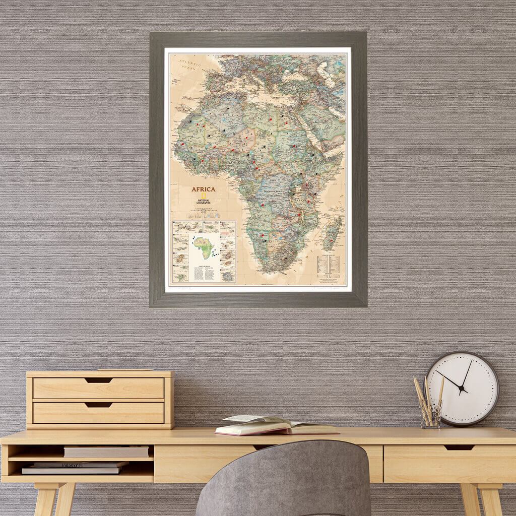 Framed Nat Geo Africa travel map with pins with barnwood gray frame