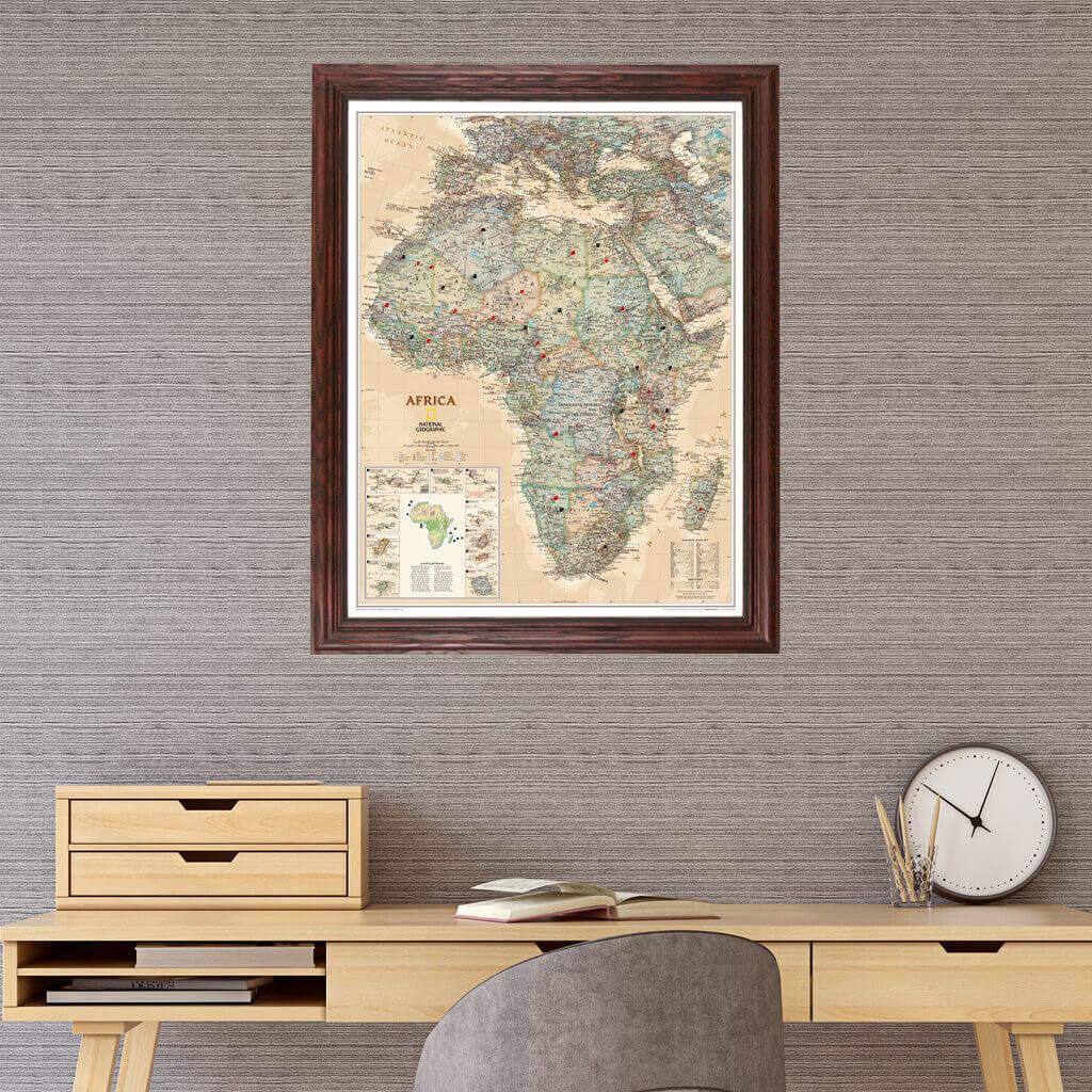 Executive Africa push pin travel map with Solid Wood Cherry frame