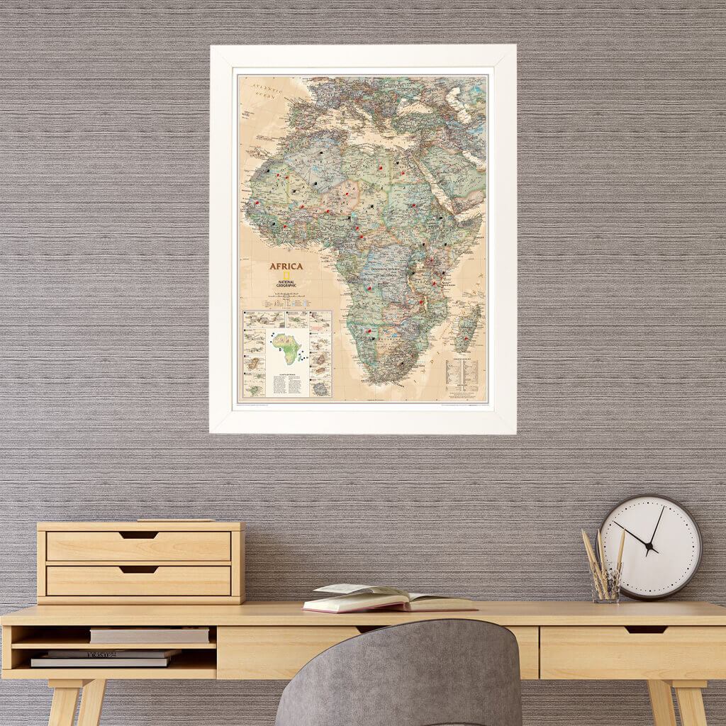 Executive Africa travel pin map with textured white frame