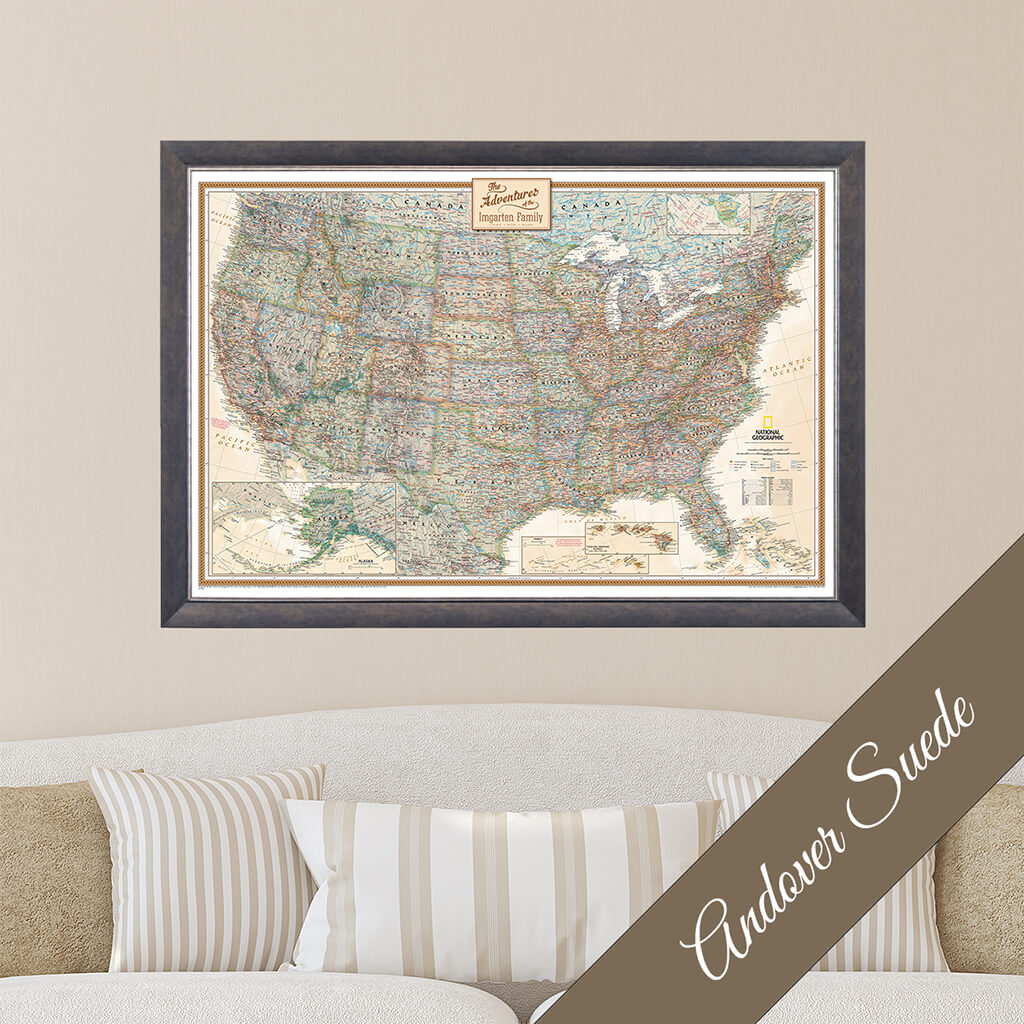 Canvas Executive USA Push Pin Travel Map in Premium Andover Suede Frame