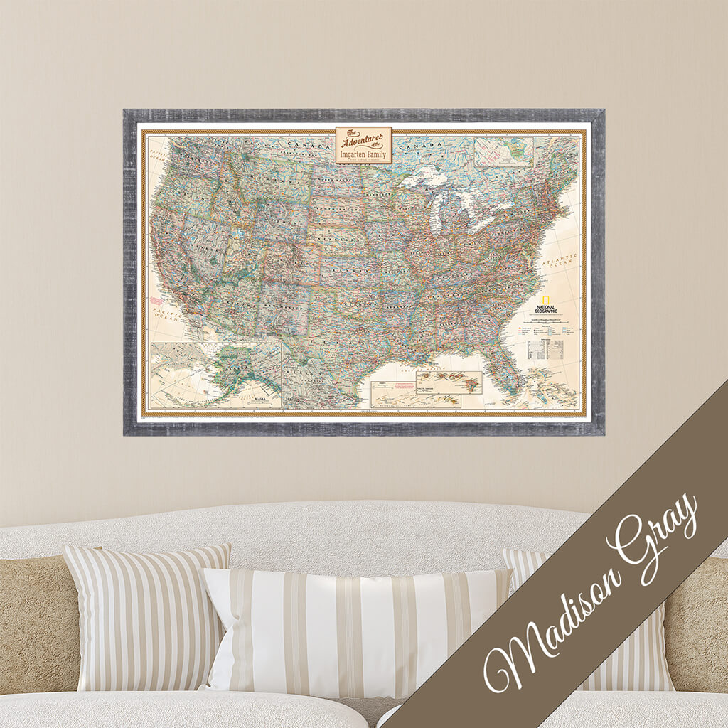 Canvas Executive USA Push Pin Travel Map in Premium Madison Gray Frame