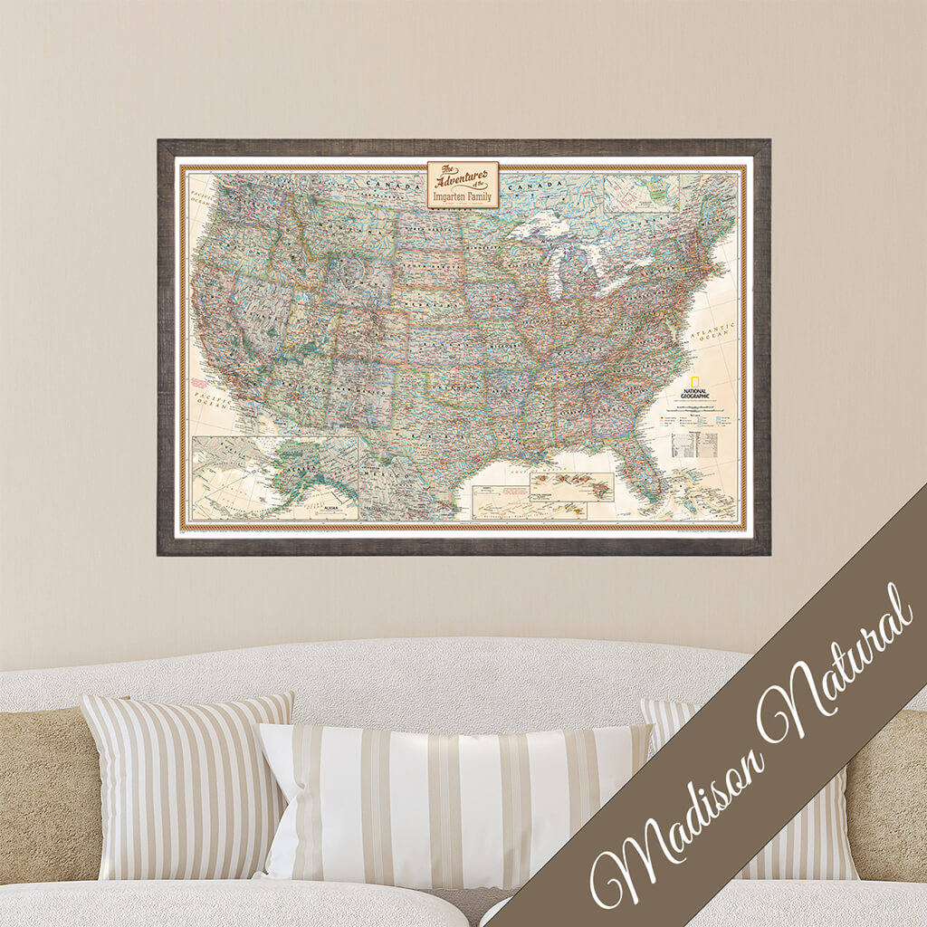 Canvas Executive USA Push Pin Travel Map in Premium Madison Natural Brown Frame