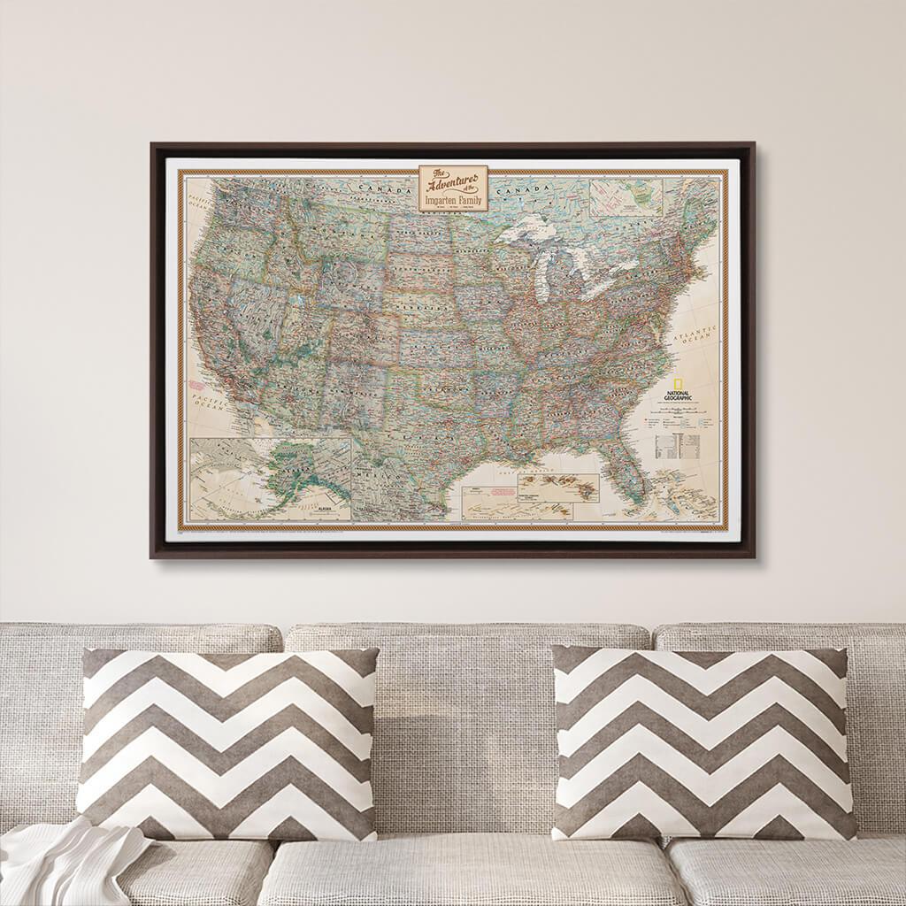Brown Float Frame - 24x36 Gallery Wrapped Executive USA Push Pin Travel Map