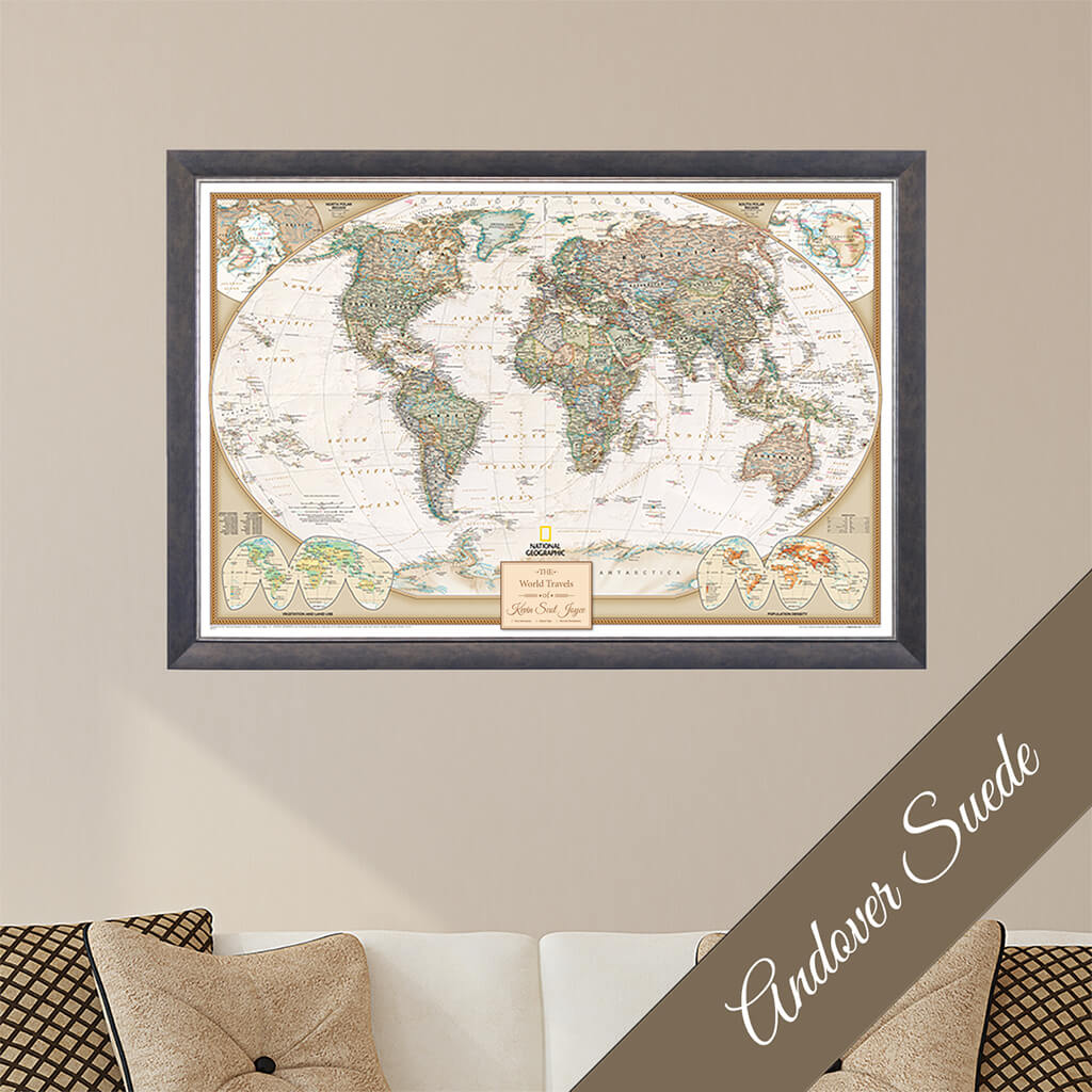 Canvas Executive World Travel Map in Premium Andover Suede Frame